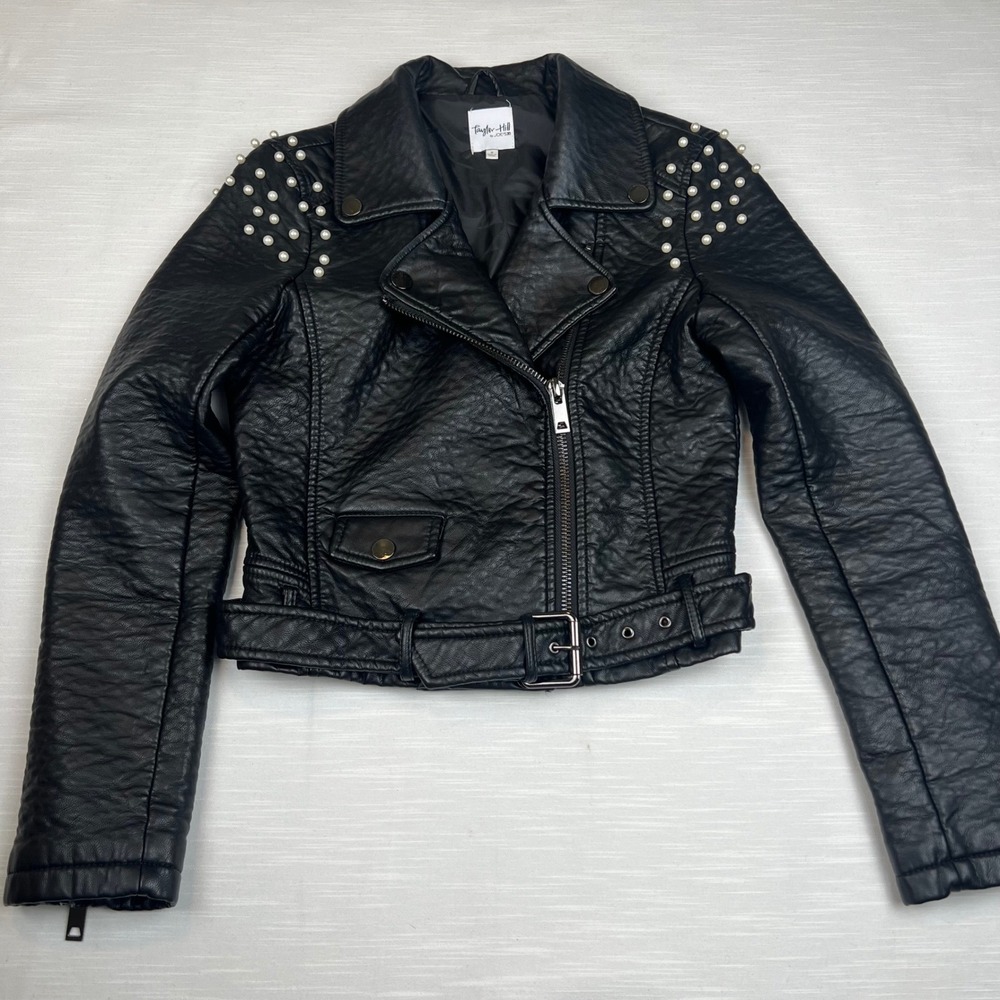 Taylor Hill by Joe's Jeans Black Faux Leather Pearl Studded Moto Jacket Medium